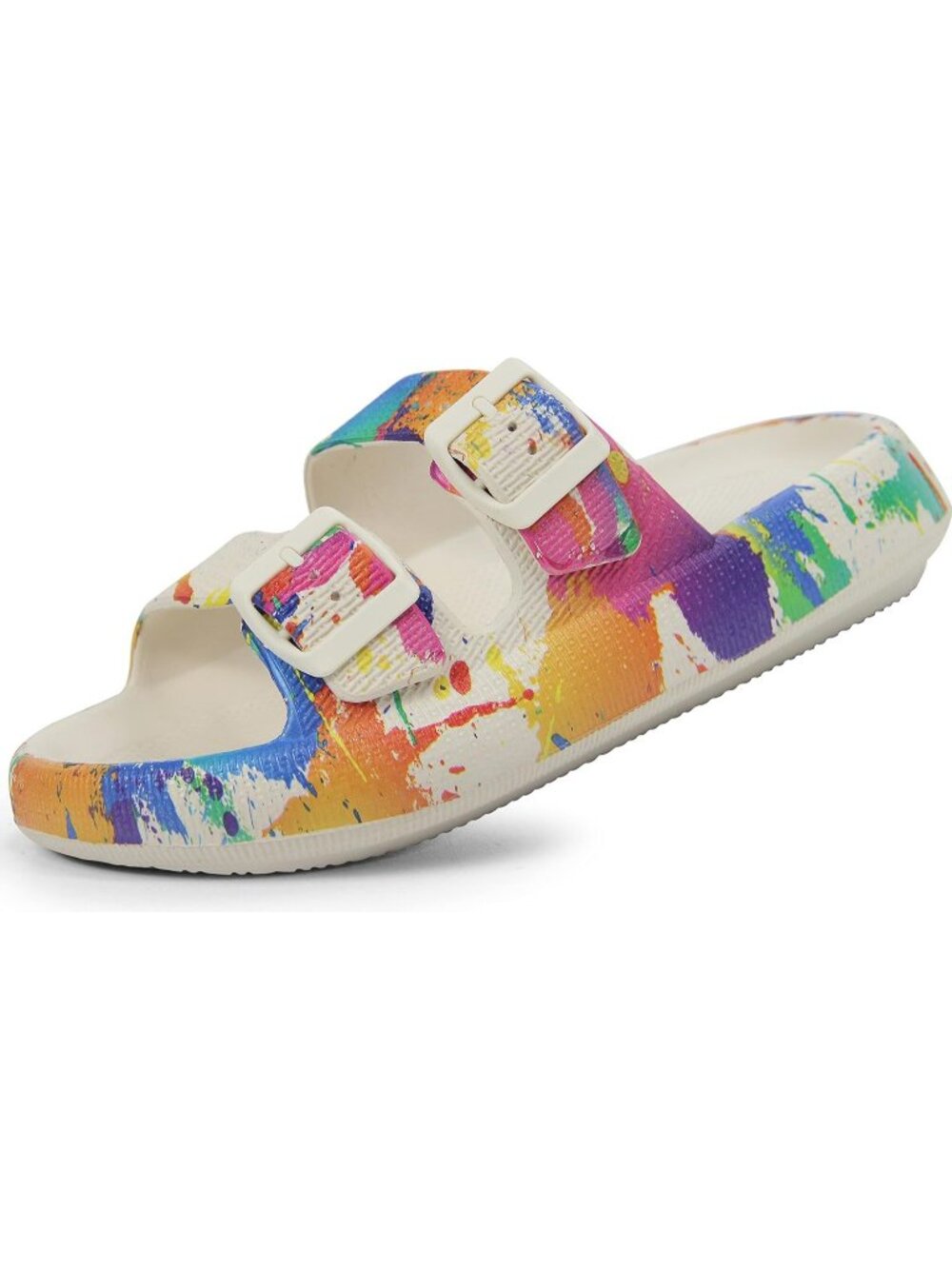 Women's Colorful Beige Adjustable Width Design Double Buckle Flat Slides Slipper